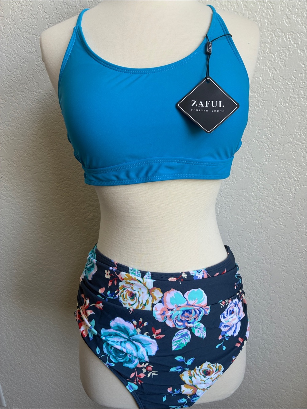 Zaful Teal Crop Bikini Top with Navy Floral High-Waist Bottom